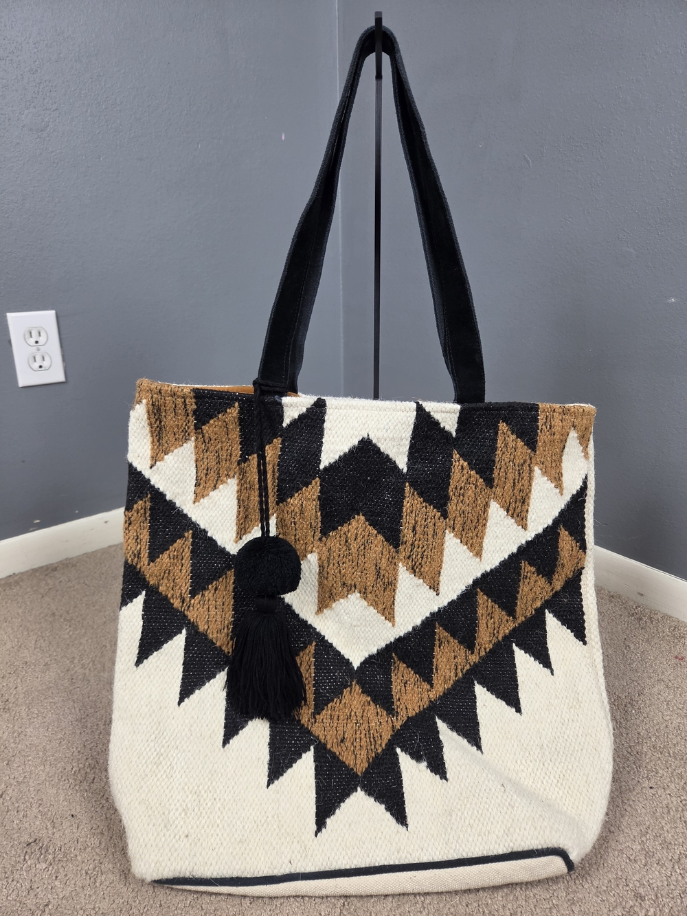 Panache Black, Cream & Brown Geometric Woven Tote